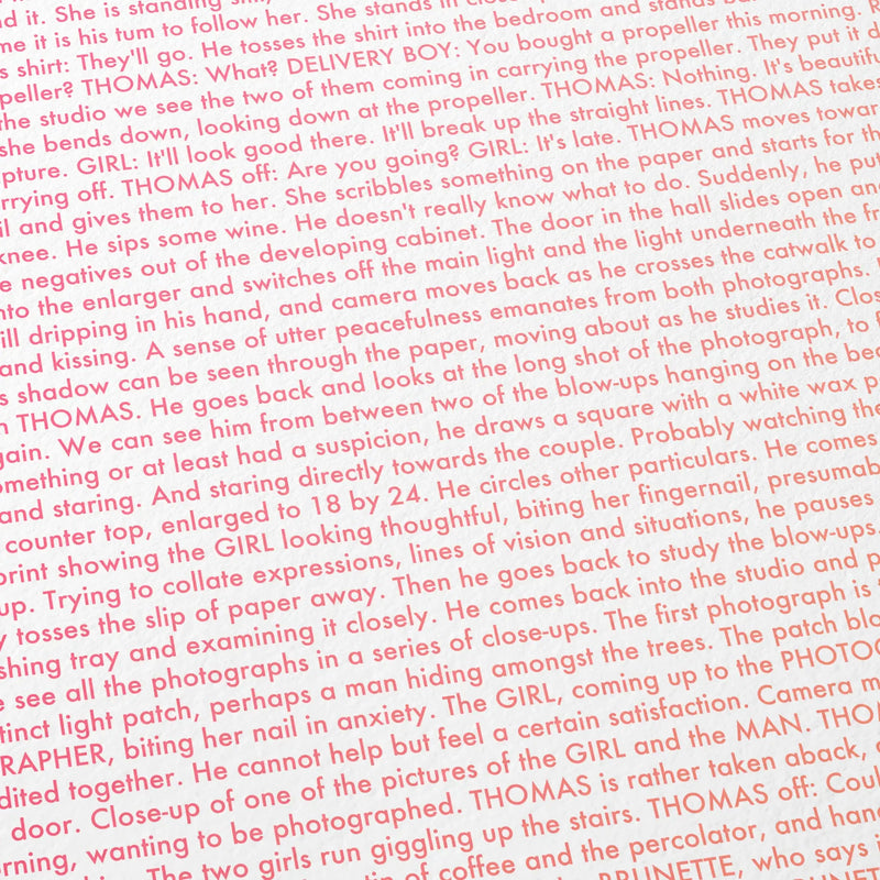 Close-up detail of the Blow-Up movie script poster showing dense typographic text.
