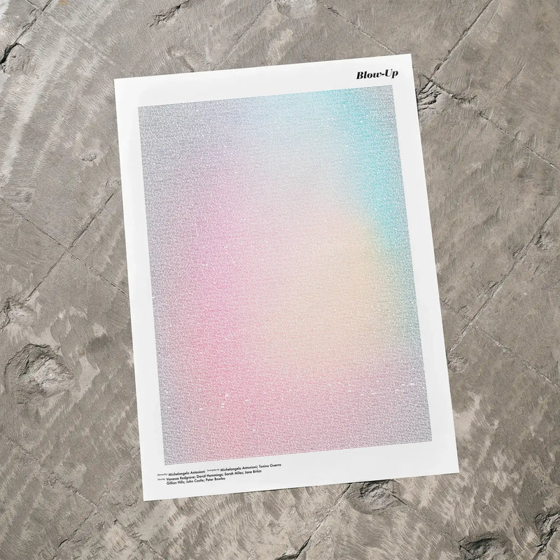 A Blow-Up movie script poster laid flat on a textured floor surface.