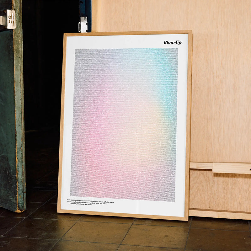 A framed Blow-Up movie script poster displayed in a contemporary interior setting.
