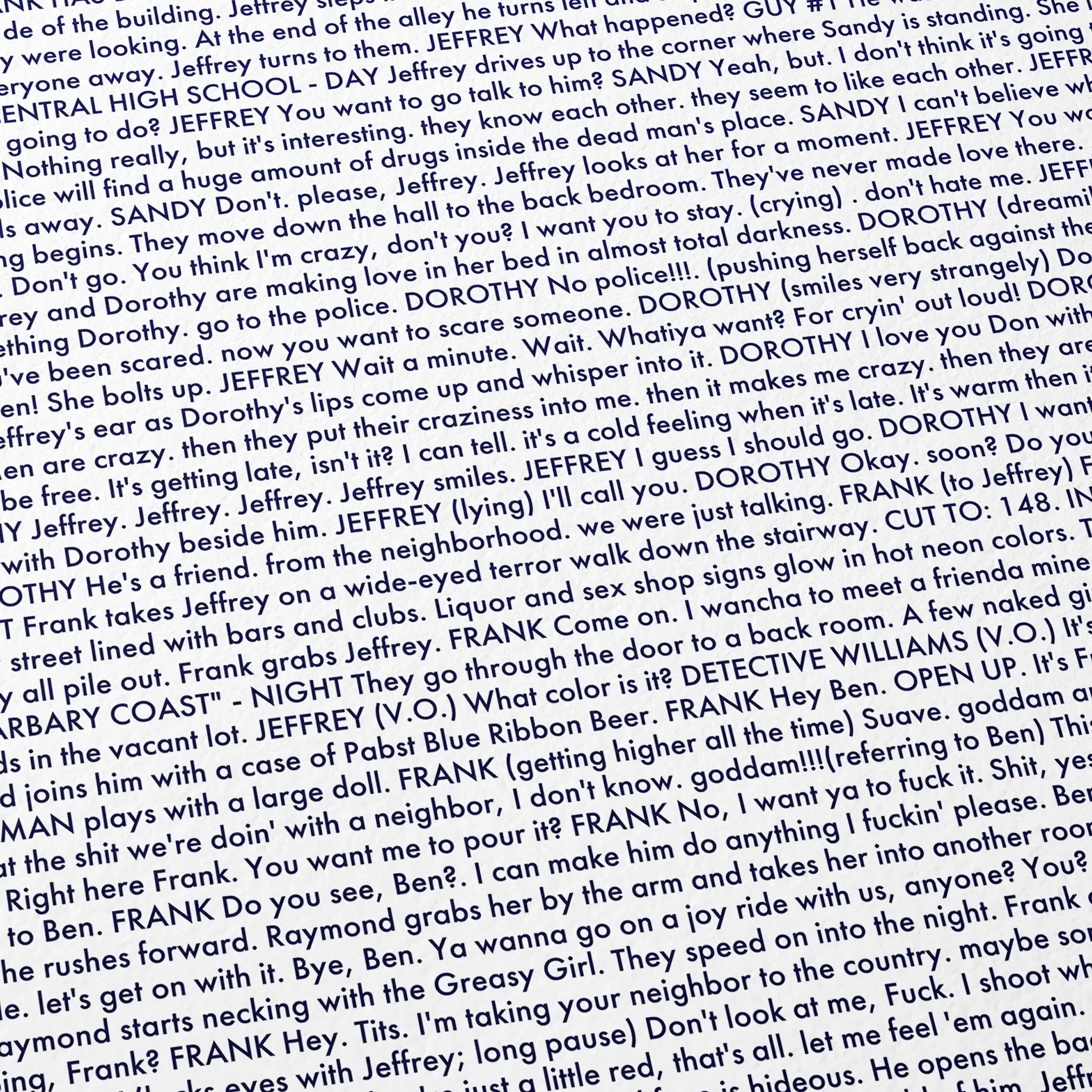 Close-up detail of the Blue Velvet movie script poster showing dense typographic text.