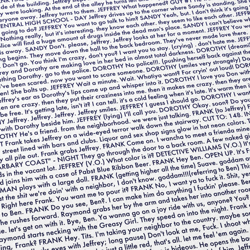 Close-up detail of the Blue Velvet movie script poster showing dense typographic text.