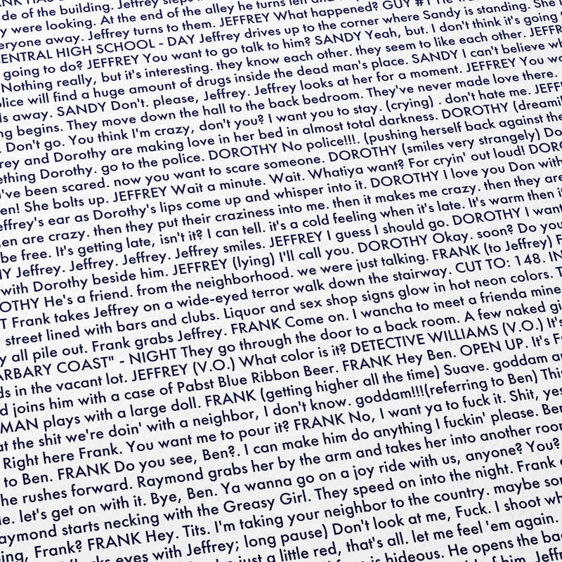 Close-up detail of the Blue Velvet movie script poster showing dense typographic text.