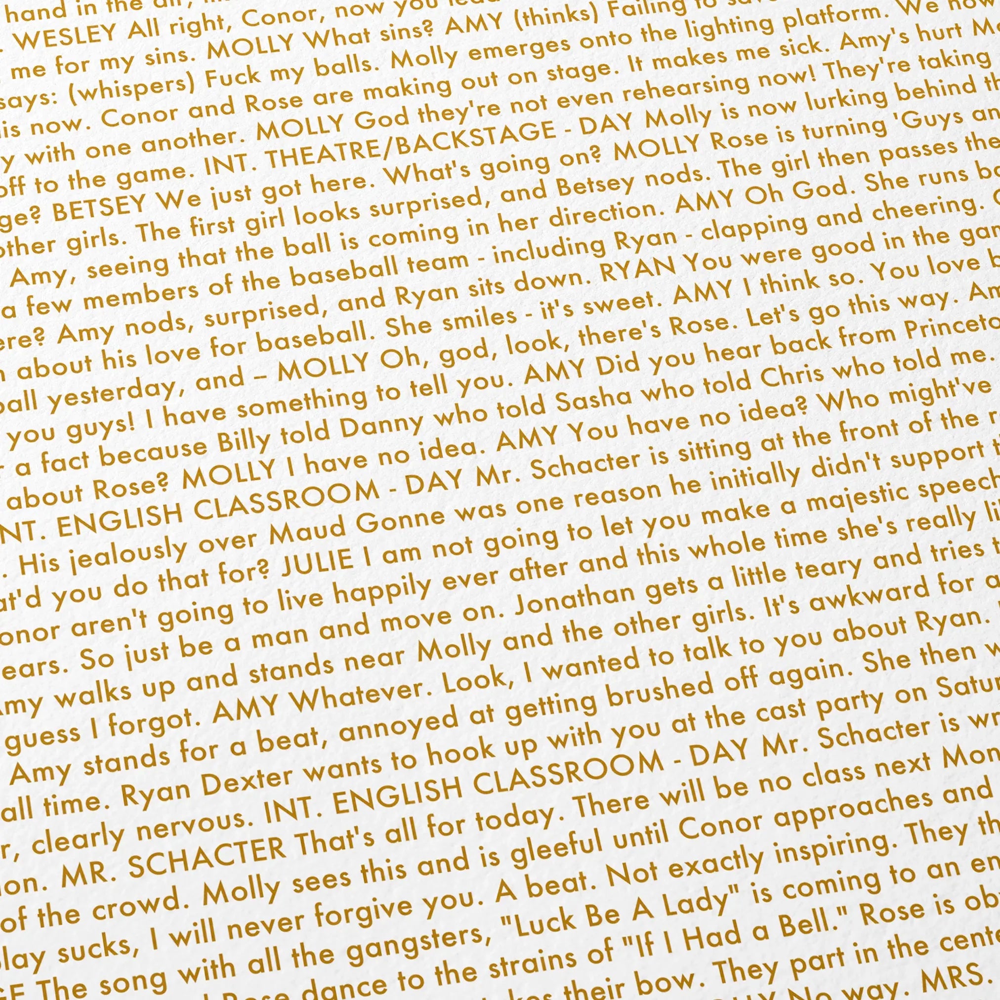 Close-up detail of the Booksmart movie script poster showing dense typographic text.