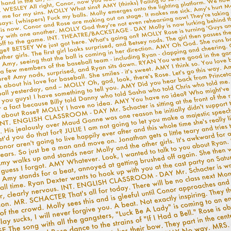 Close-up detail of the Booksmart movie script poster showing dense typographic text.