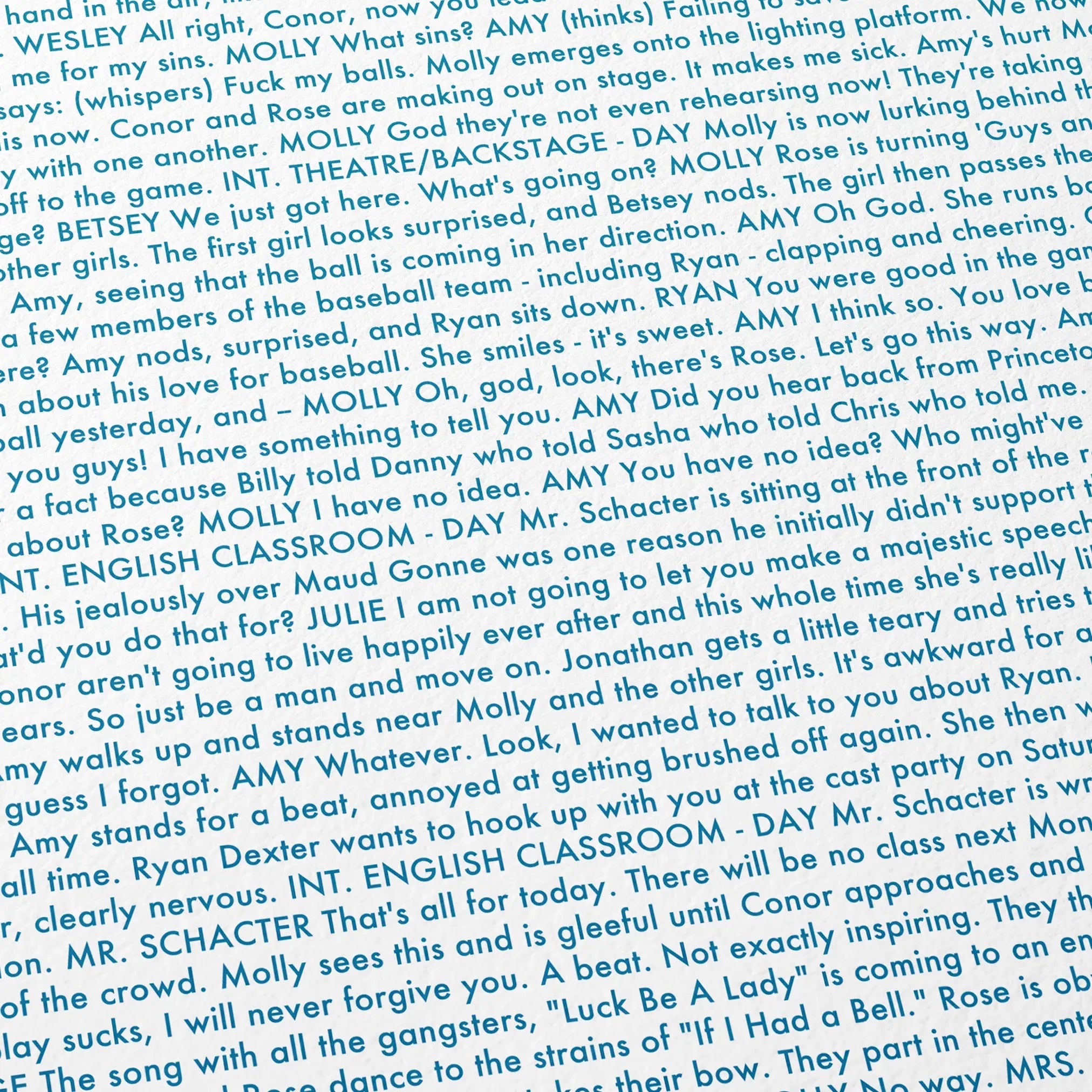 Close-up detail of the Booksmart movie script poster showing dense typographic text.