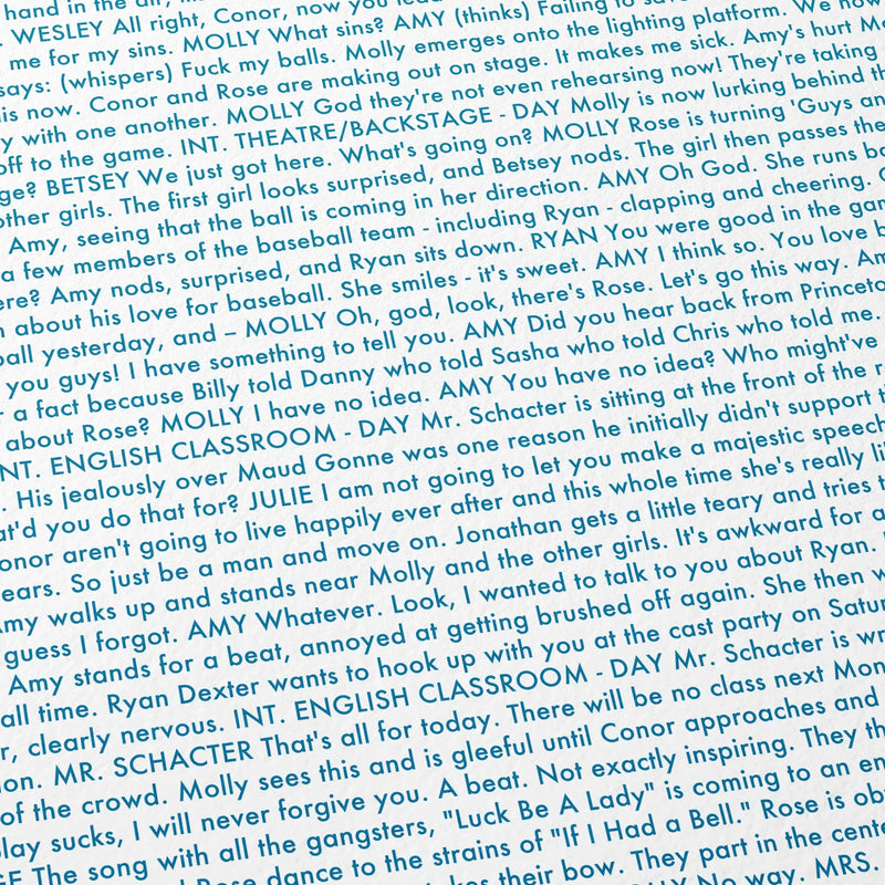 Close-up detail of the Booksmart movie script poster showing dense typographic text.
