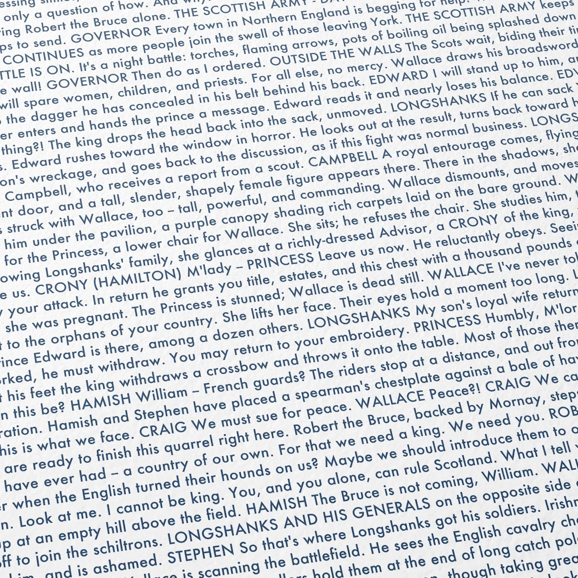 Close-up detail of the Braveheart movie script poster showing dense typographic text.
