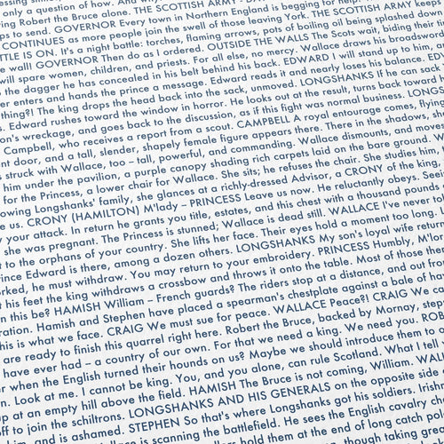 Close-up detail of the Braveheart movie script poster showing dense typographic text.
