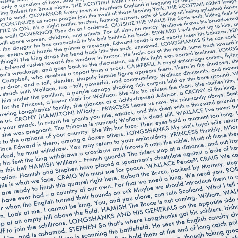 Close-up detail of the Braveheart movie script poster showing dense typographic text.
