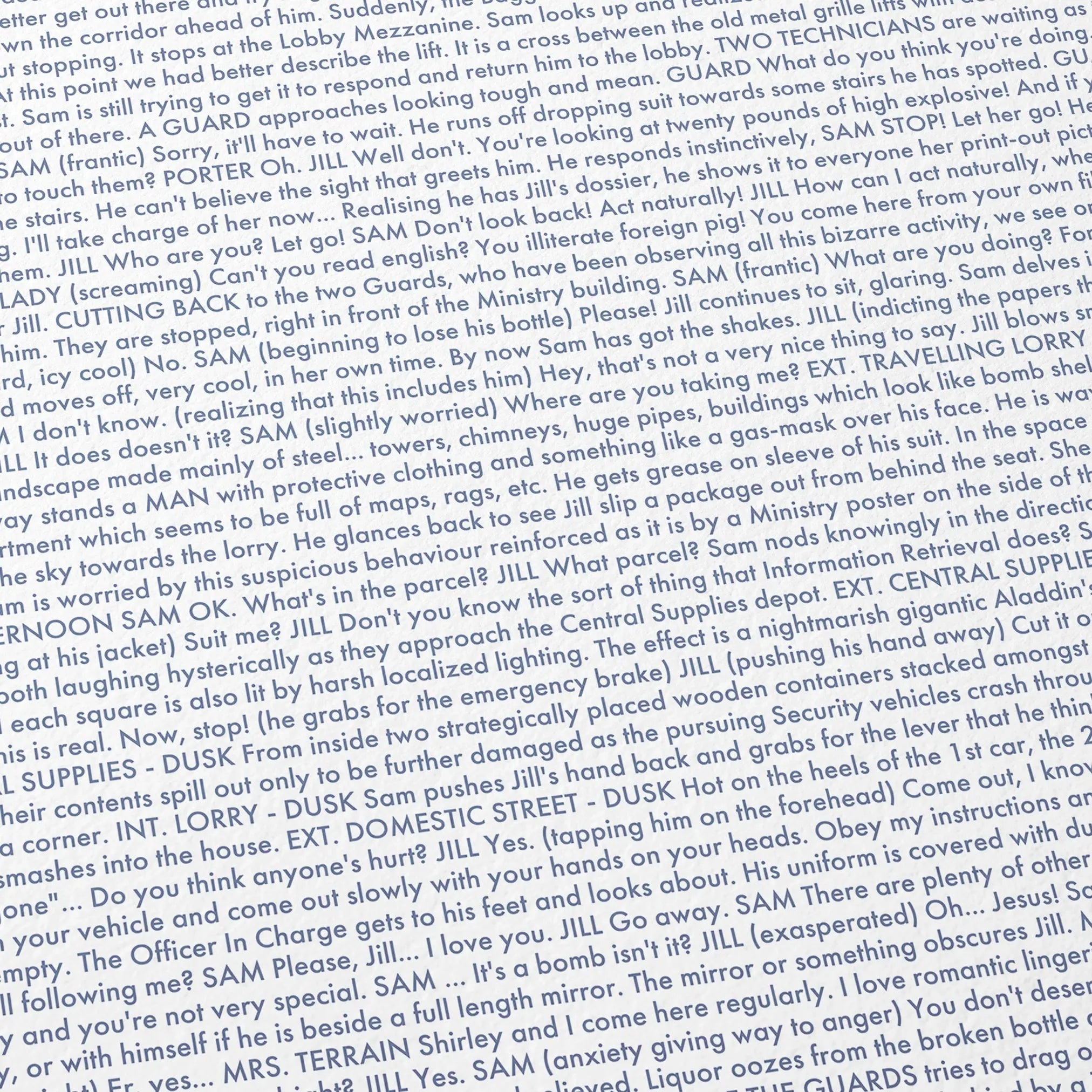Close-up detail of the Brazil movie script poster showing dense typographic text.