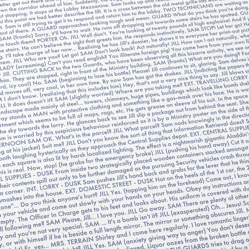 Close-up detail of the Brazil movie script poster showing dense typographic text.