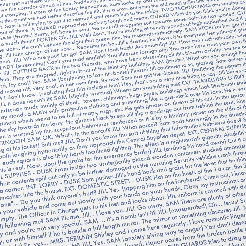 Close-up detail of the Brazil movie script poster showing dense typographic text.