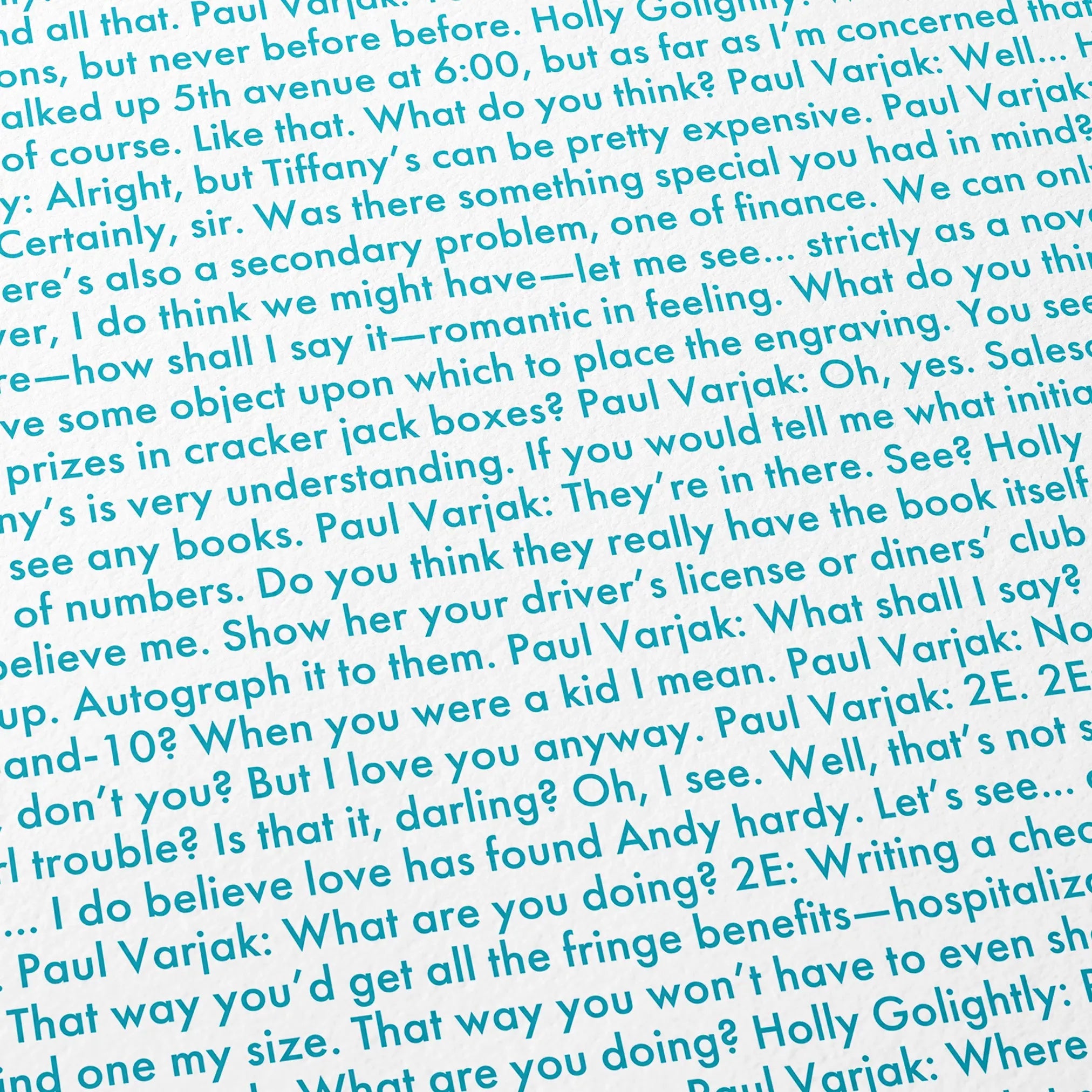 Close-up detail of the Breakfast at Tiffany's movie script poster showing dense typographic text.