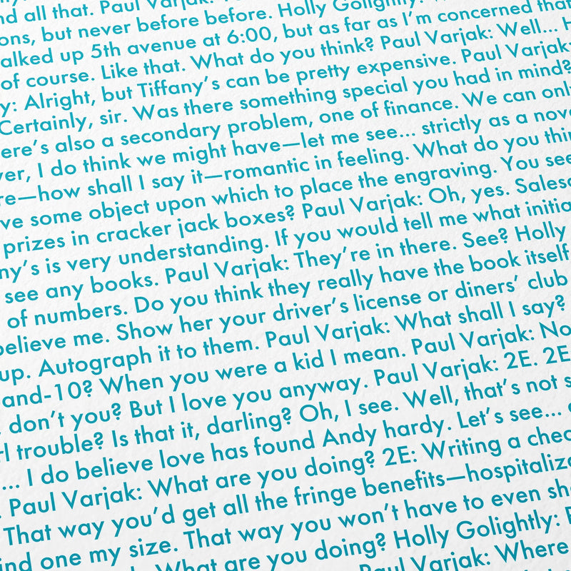 Close-up detail of the Breakfast at Tiffany's movie script poster showing dense typographic text.