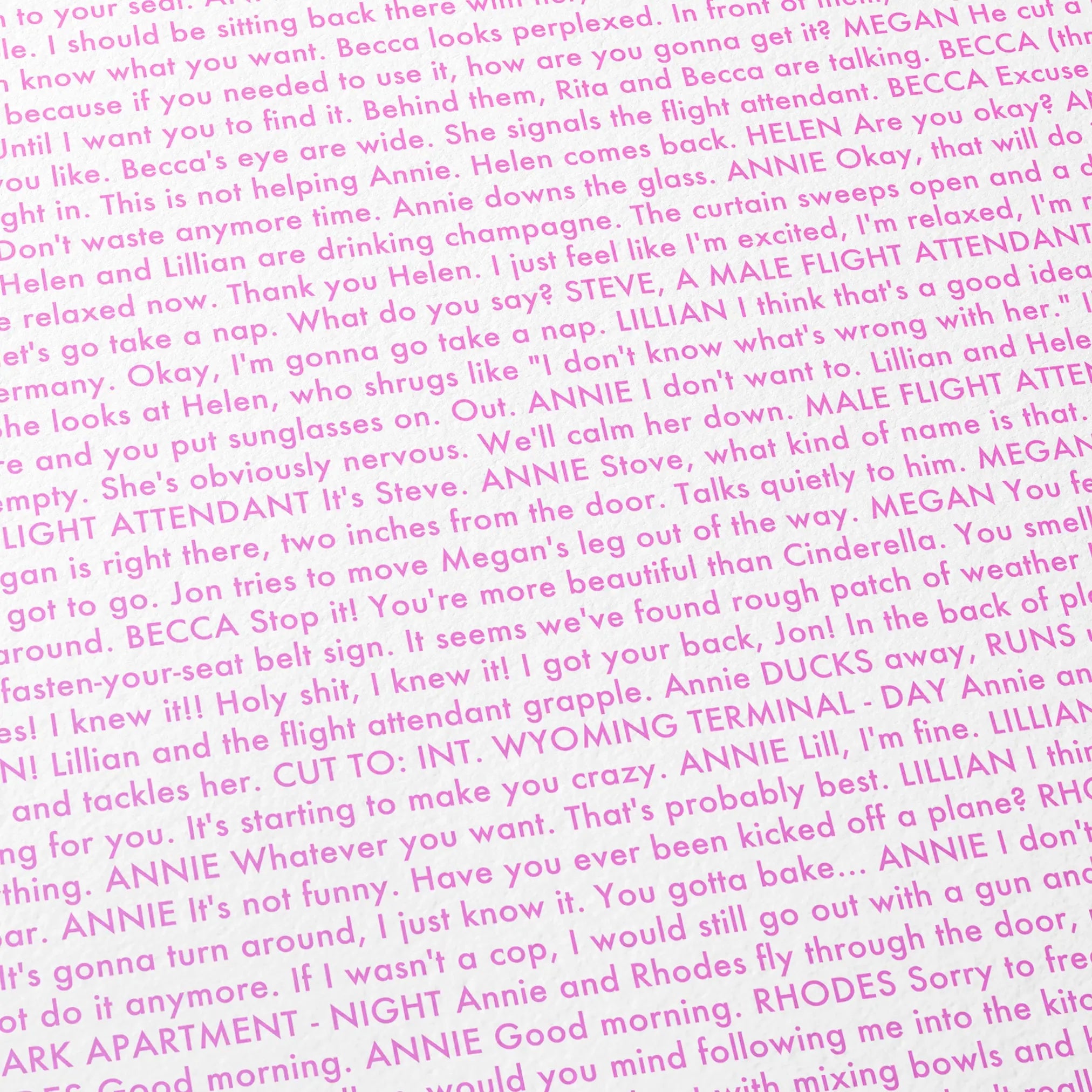 Close-up detail of the Bridesmaids movie script poster showing dense typographic text.