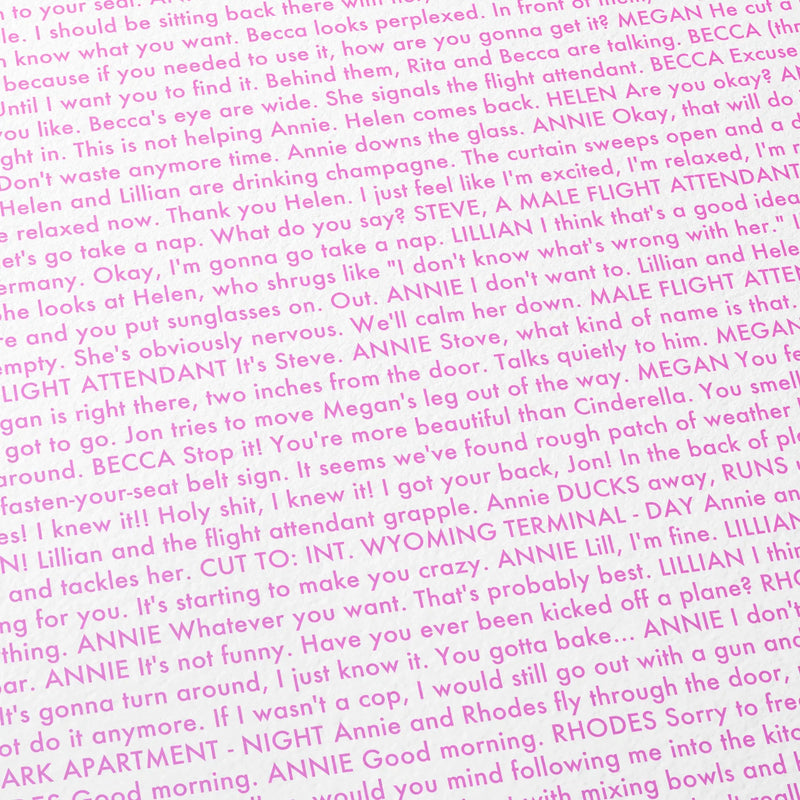 Close-up detail of the Bridesmaids movie script poster showing dense typographic text.