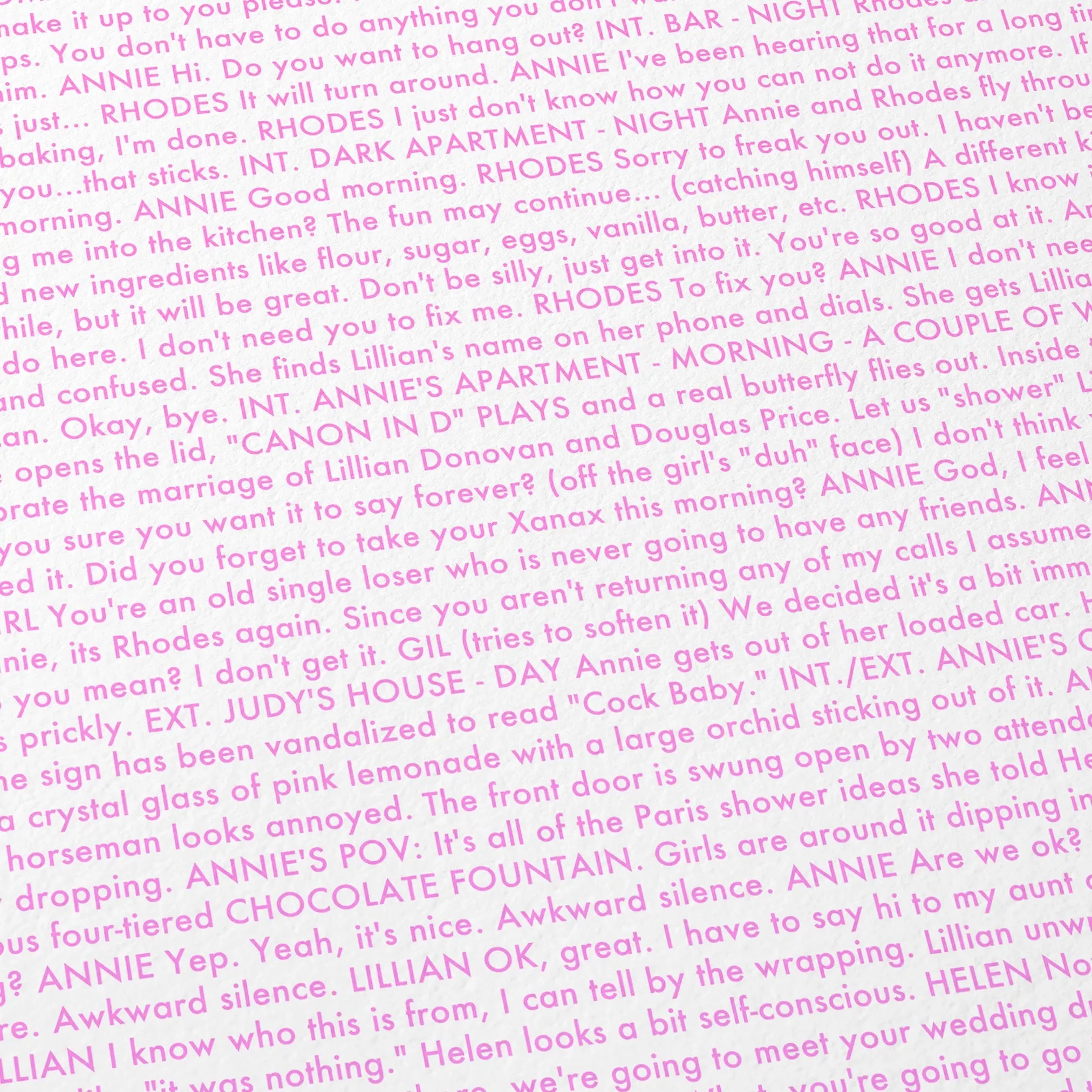 Close-up detail of the Bridesmaids movie script poster showing dense typographic text.