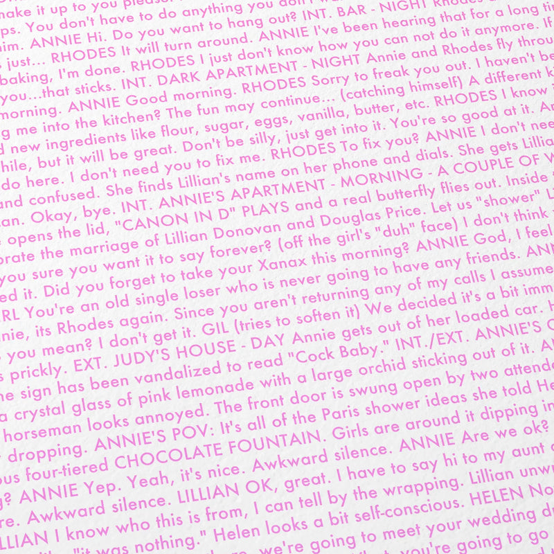 Close-up detail of the Bridesmaids movie script poster showing dense typographic text.