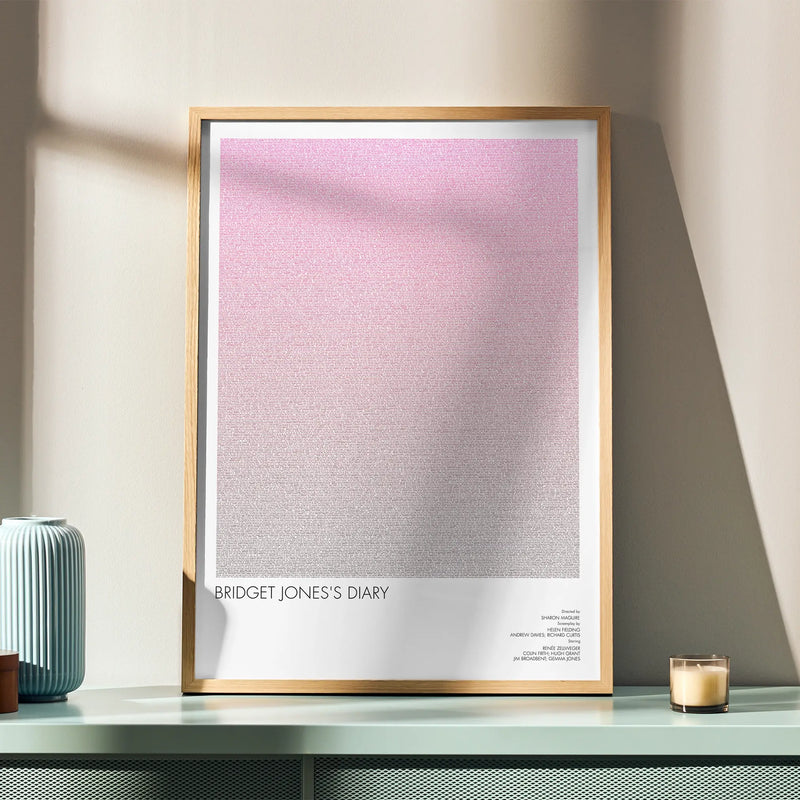 A framed Bridget Jones's Diary movie script poster displayed in a simple modern interior.