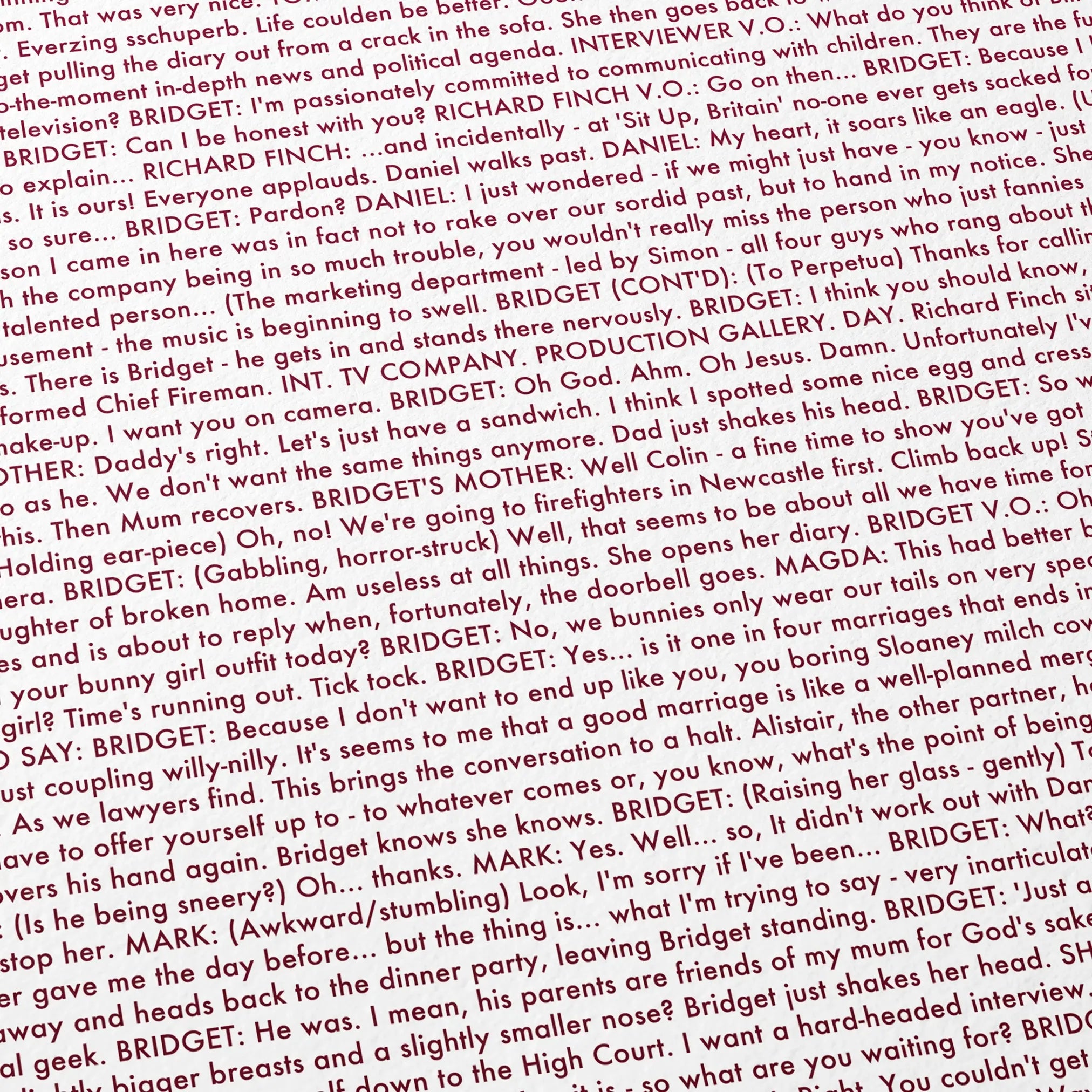 Close-up detail of the Bridget Jones's Diary movie script poster showing dense typographic text.