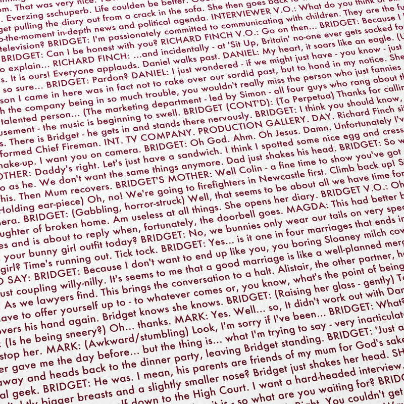 Close-up detail of the Bridget Jones's Diary movie script poster showing dense typographic text.