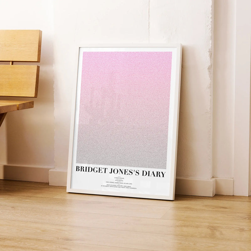 A framed Bridget Jones's Diary movie script poster leaning against a wall in a modern interior.