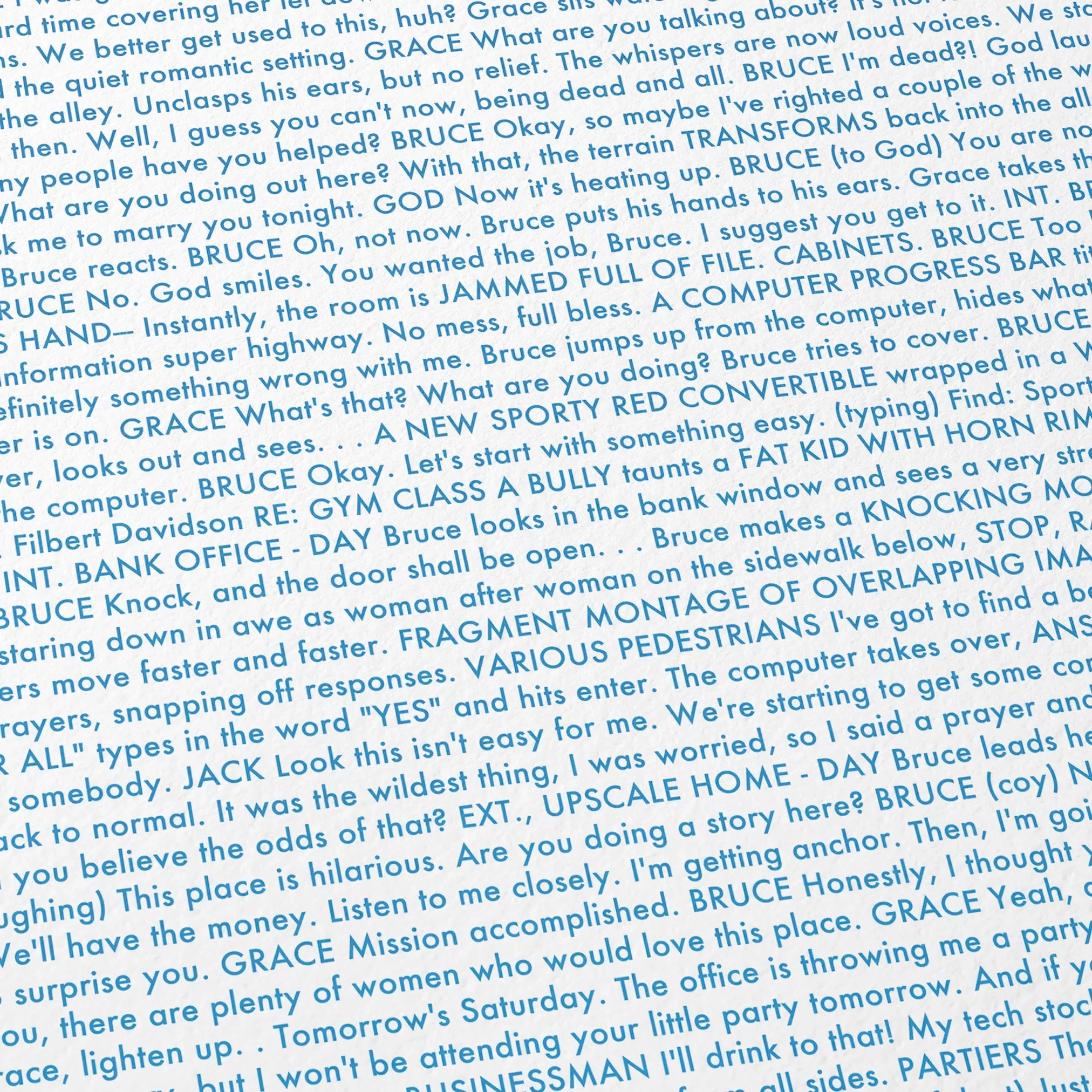 Close-up detail of the Bruce Almighty movie script poster showing dense typographic text.