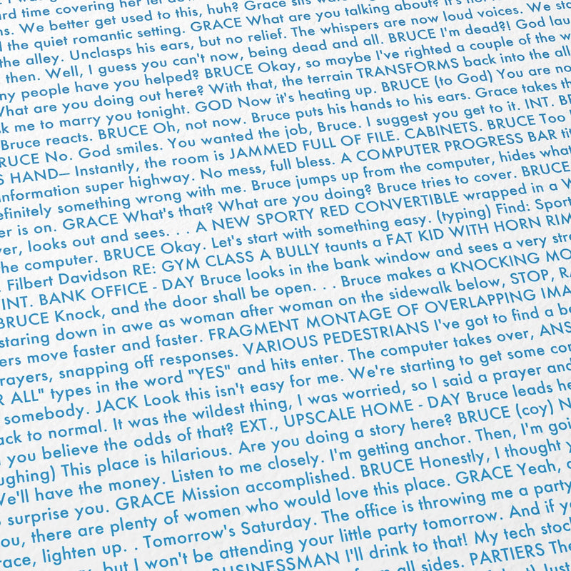 Close-up detail of the Bruce Almighty movie script poster showing dense typographic text.