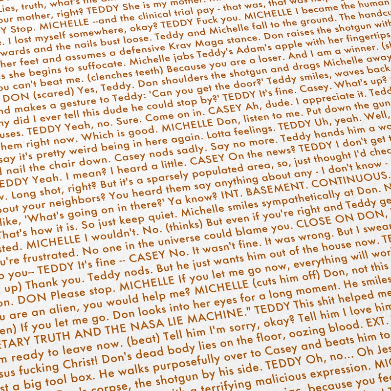 Close-up detail of the Bugonia movie script poster showing dense typographic text.
