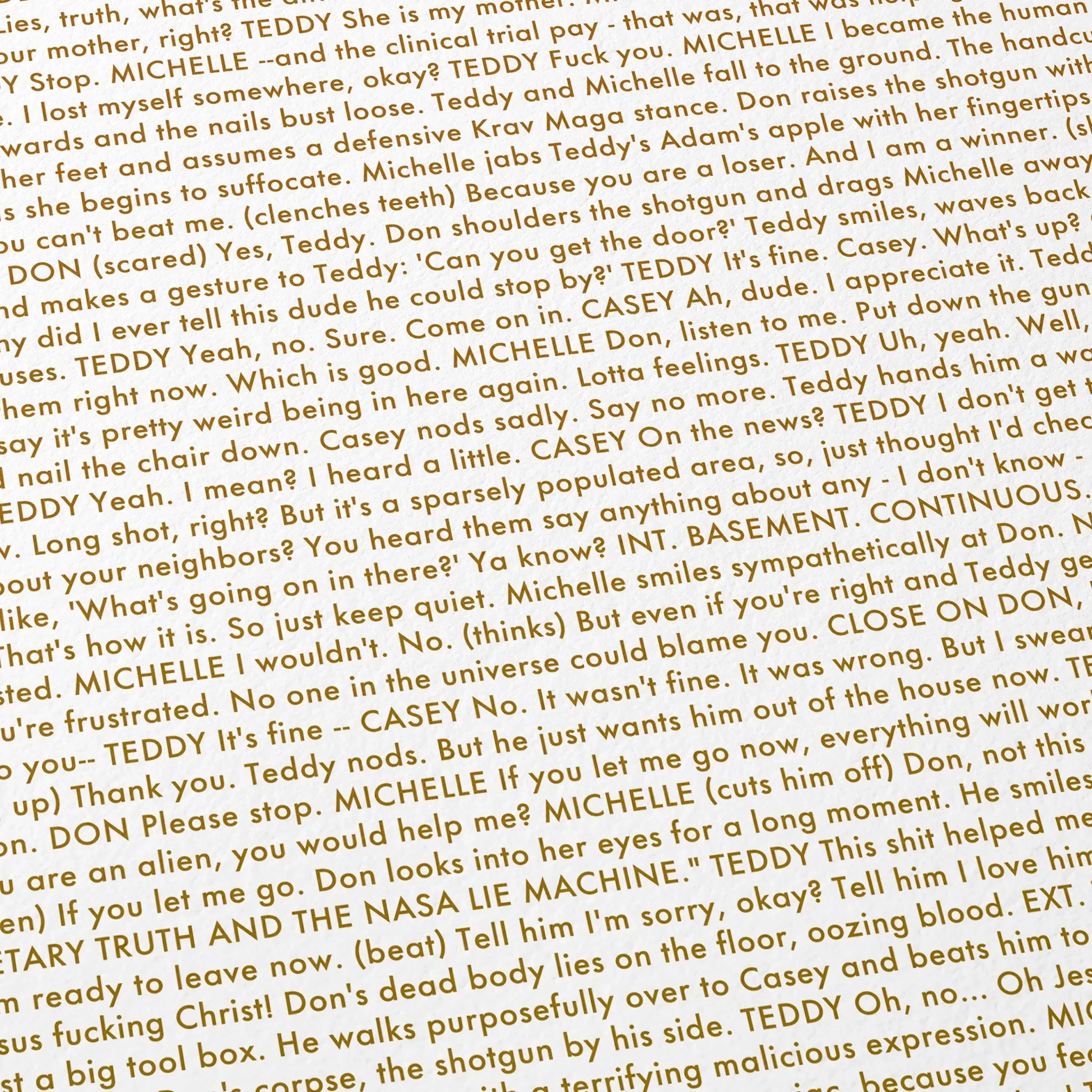 Close-up detail of the Bugonia movie script poster showing dense typographic text.