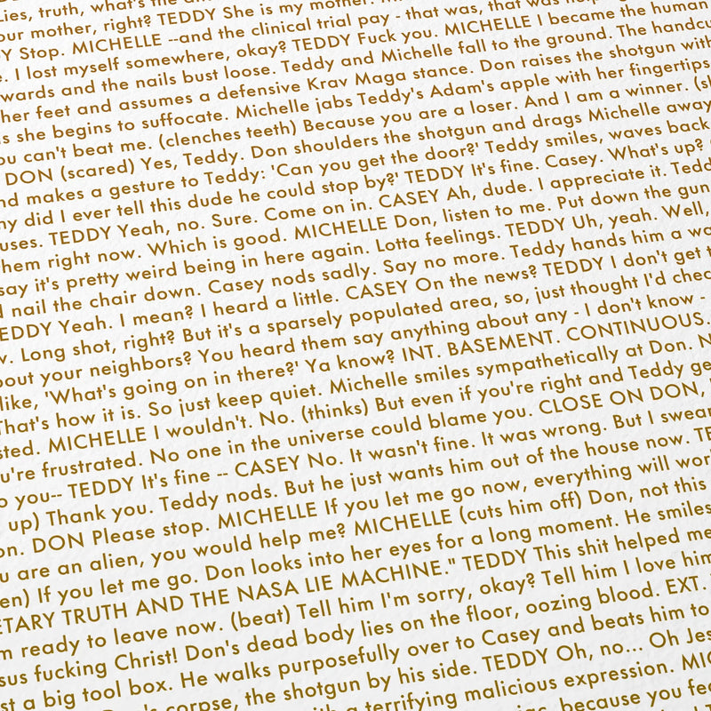 Close-up detail of the Bugonia movie script poster showing dense typographic text.
