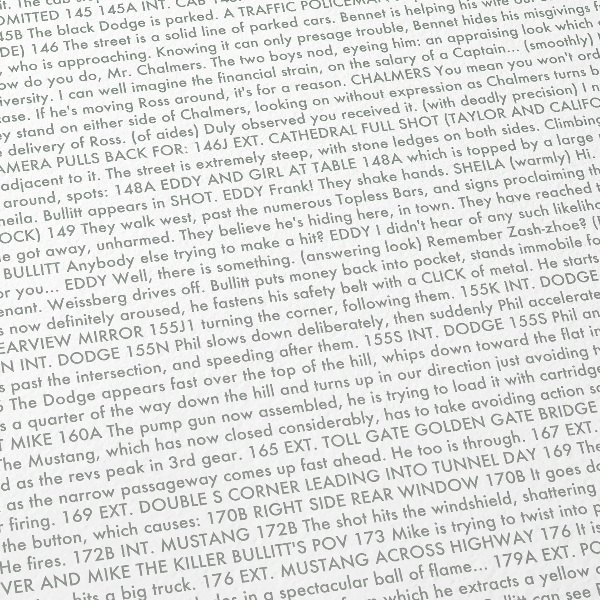 Close-up detail of the Bullitt movie script poster showing dense typographic text.