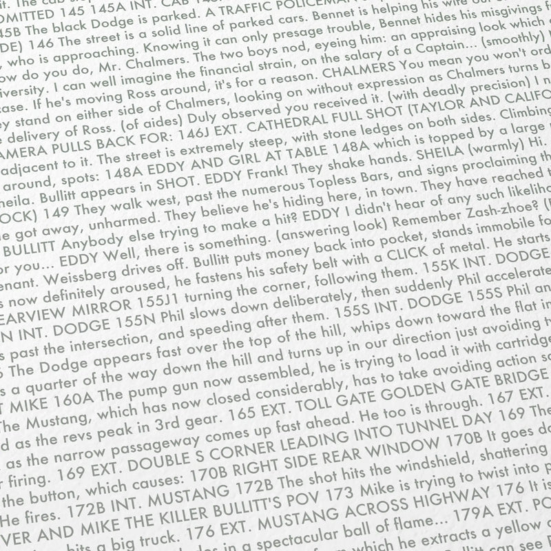 Close-up detail of the Bullitt movie script poster showing dense typographic text.