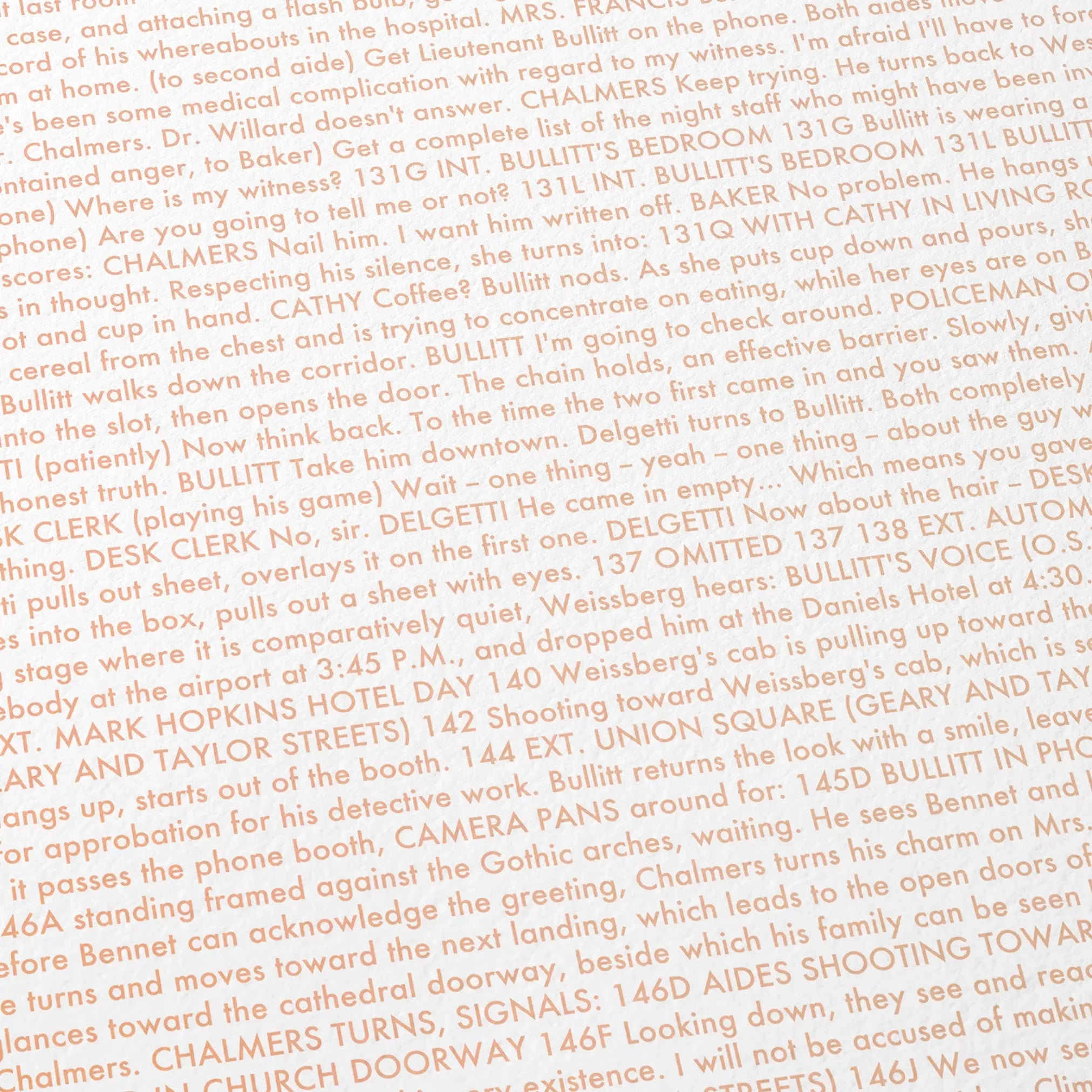 Close-up detail of the Bullitt movie script poster showing dense typographic text.
