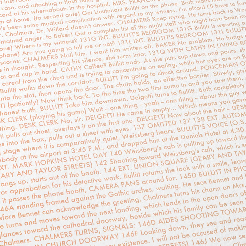 Close-up detail of the Bullitt movie script poster showing dense typographic text.