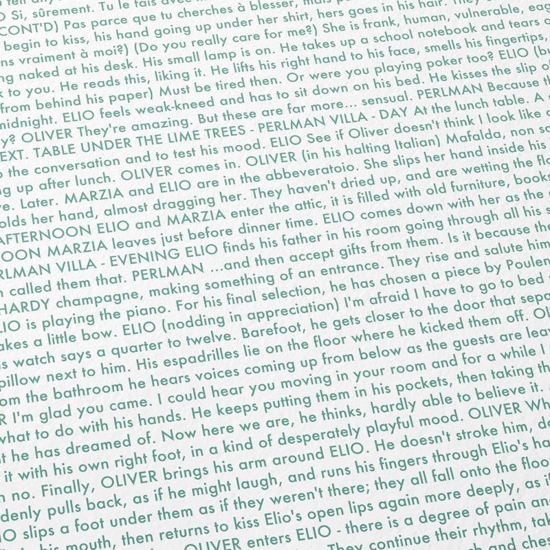 Close-up detail of the Call Me by Your Name movie script poster showing dense typographic text.