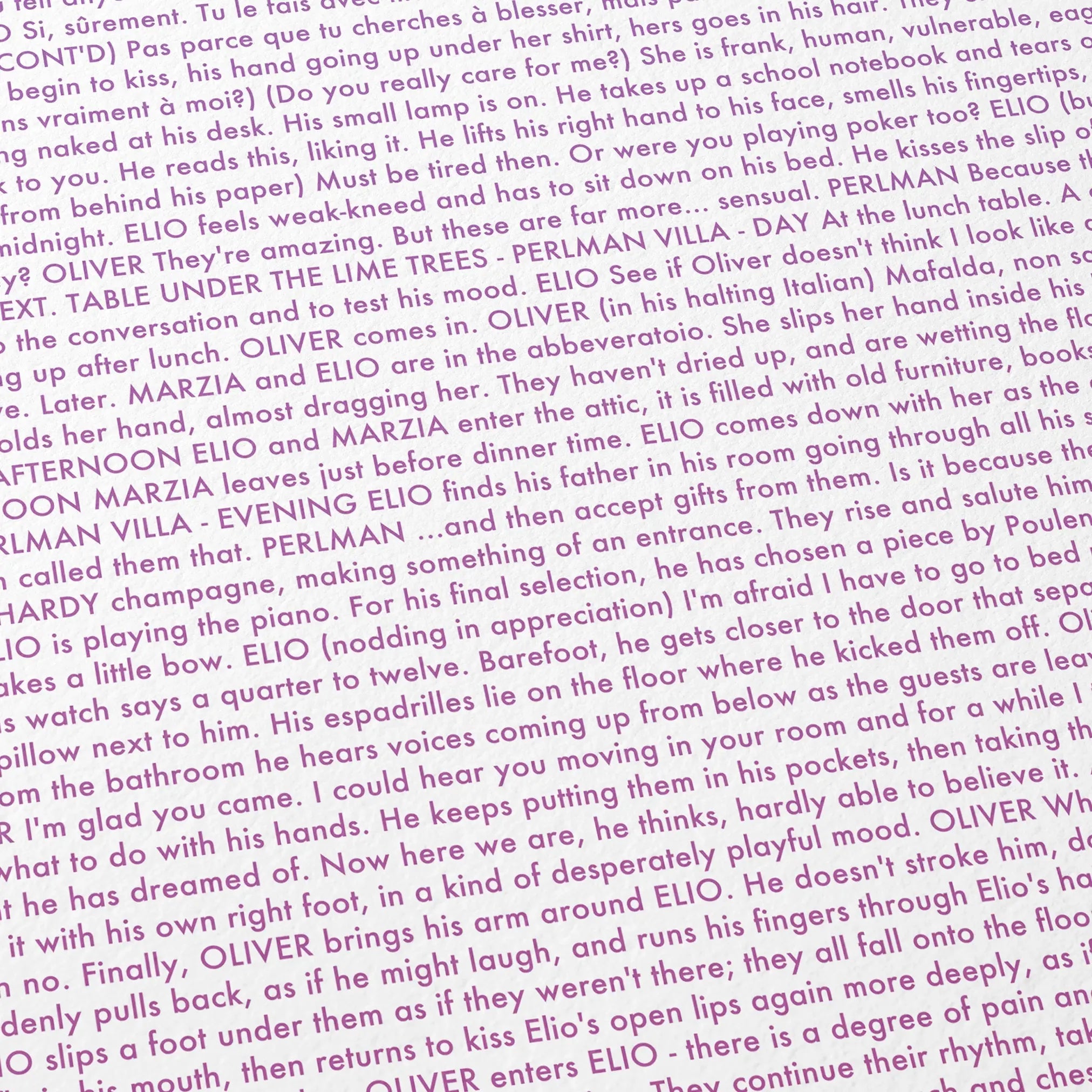 Close-up detail of the Call Me by Your Name movie script poster showing dense typographic text.