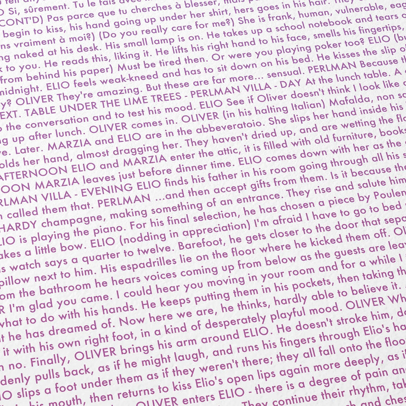 Close-up detail of the Call Me by Your Name movie script poster showing dense typographic text.