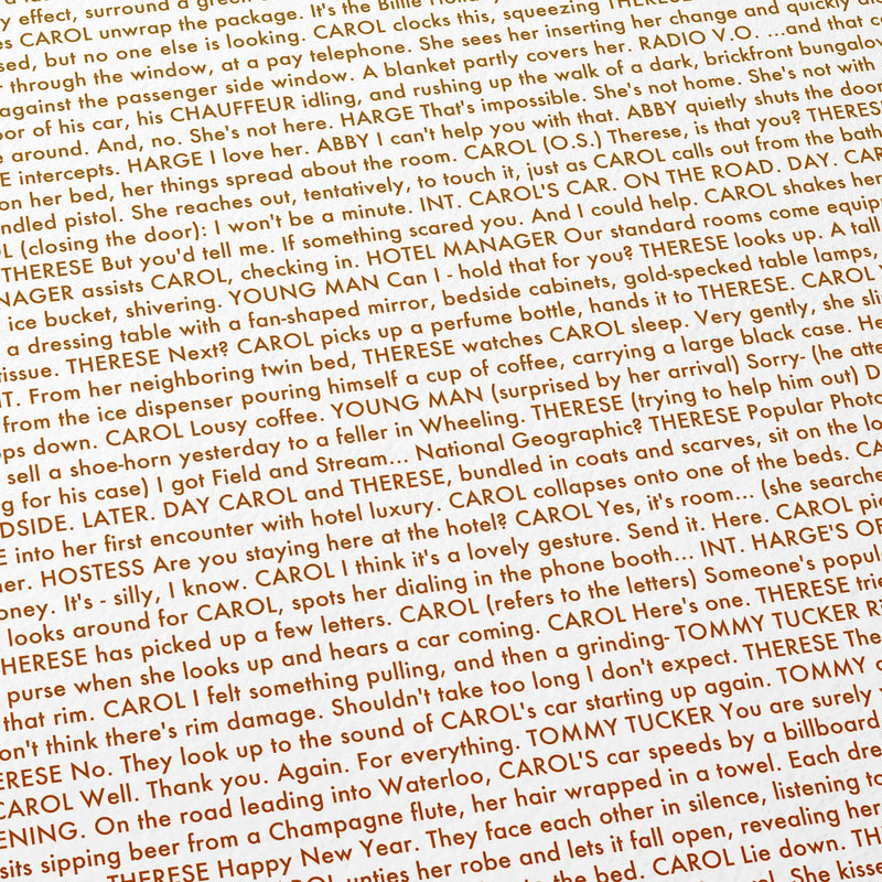 Close-up detail of the Carol movie script poster showing dense typographic text.