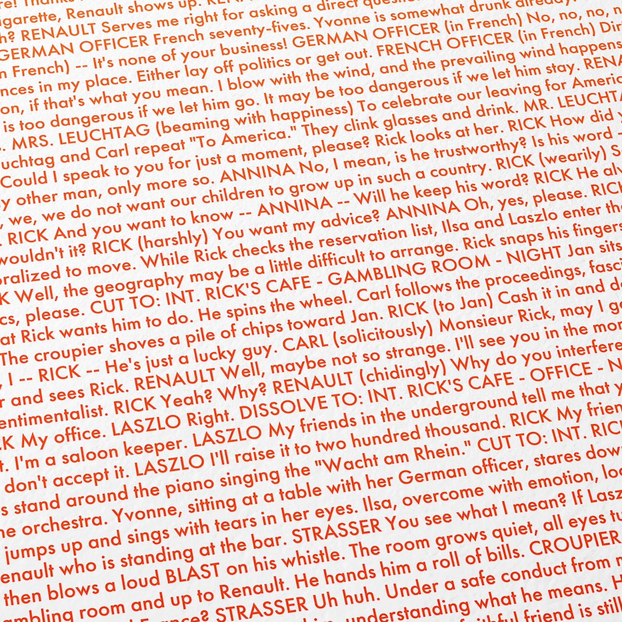 Close-up detail of the Casablanca movie script poster showing dense typographic text.