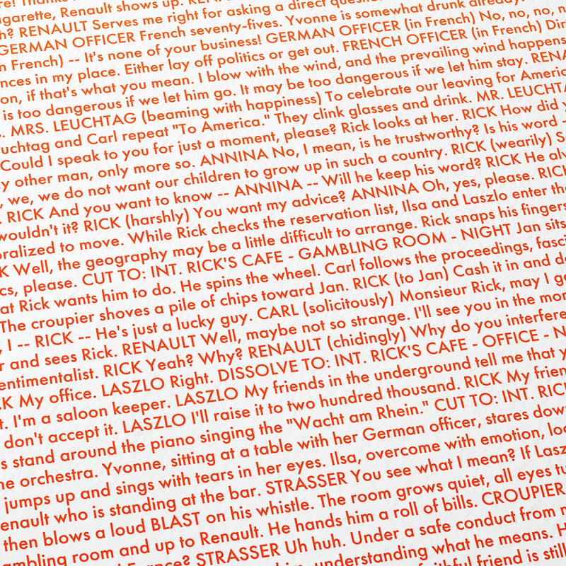 Close-up detail of the Casablanca movie script poster showing dense typographic text.