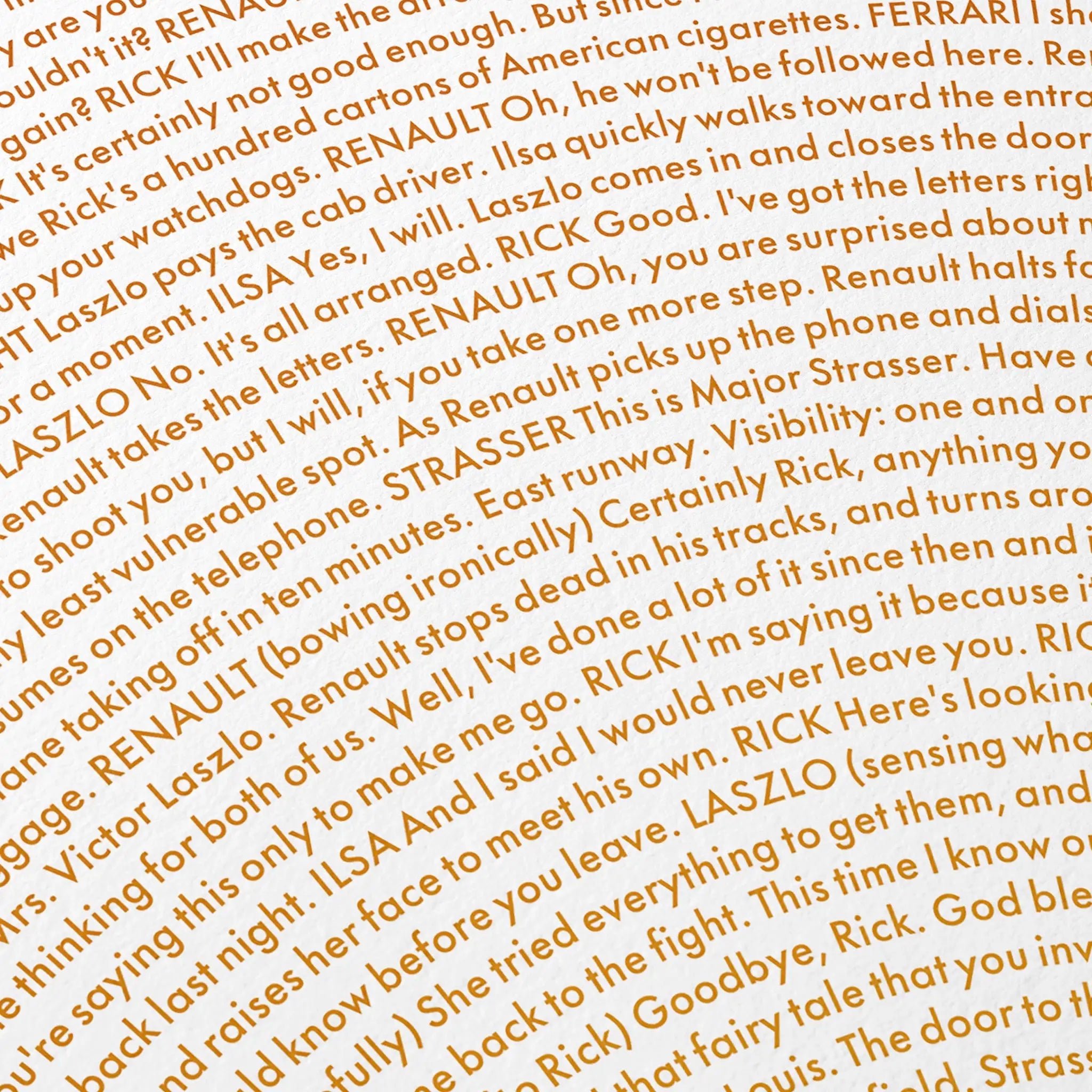Close-up detail of the Casablanca movie script poster showing dense typographic text.