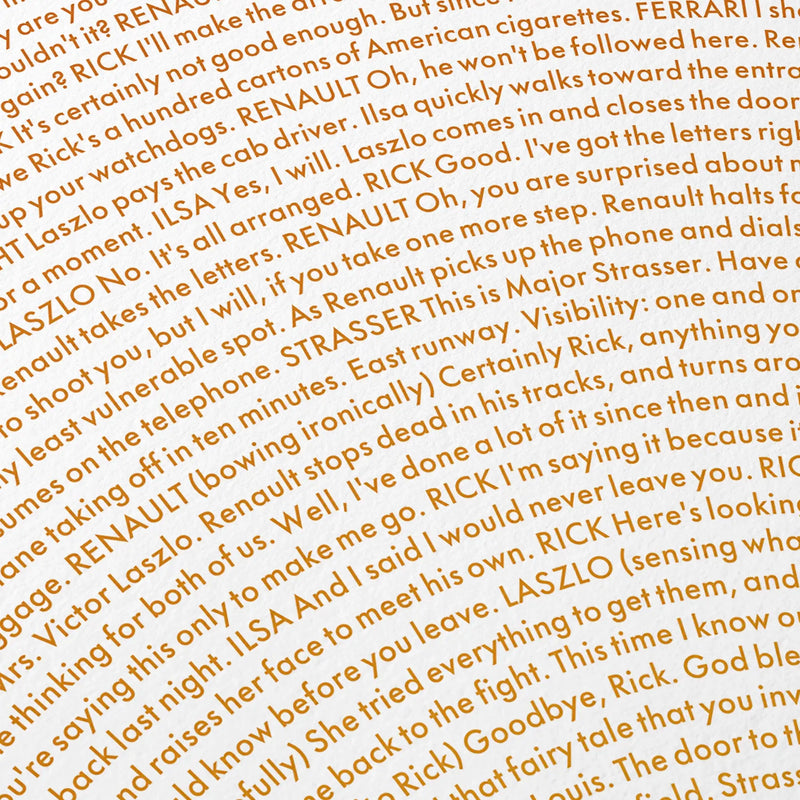Close-up detail of the Casablanca movie script poster showing dense typographic text.