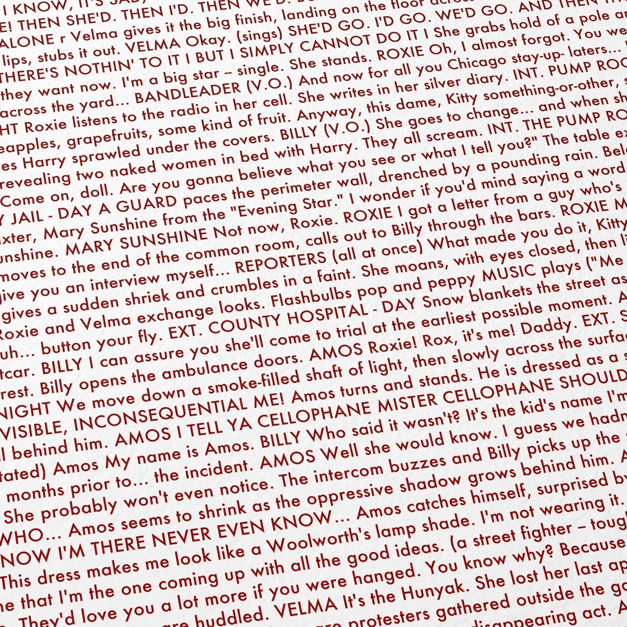 Close-up detail of the Chicago movie script poster showing dense typographic text.