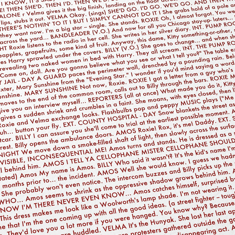 Close-up detail of the Chicago movie script poster showing dense typographic text.