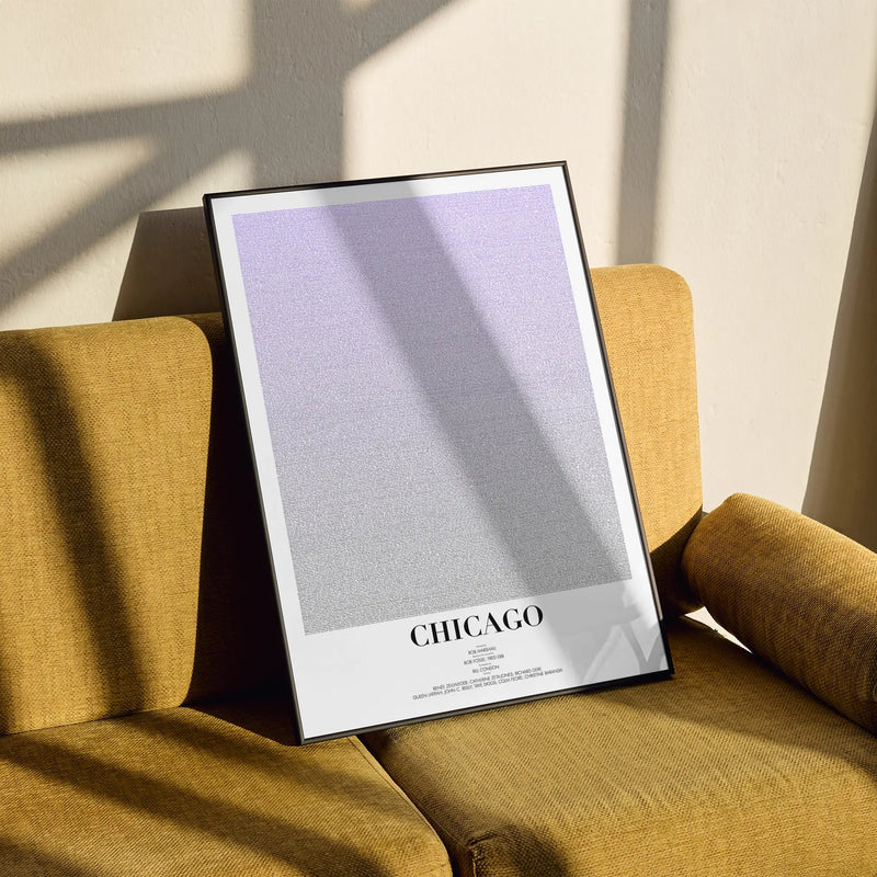 A framed Chicago movie script poster styled in a clean interior setting.