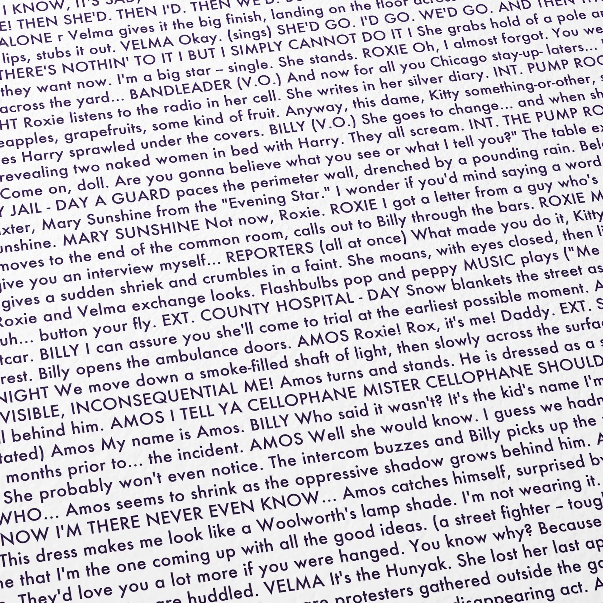 Close-up detail of the Chicago movie script poster showing dense typographic text.