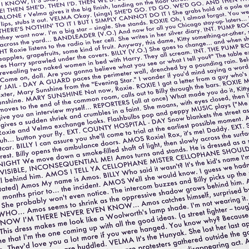 Close-up detail of the Chicago movie script poster showing dense typographic text.