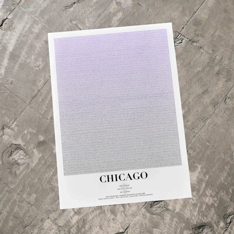A Chicago movie script poster laid flat on a textured floor surface.