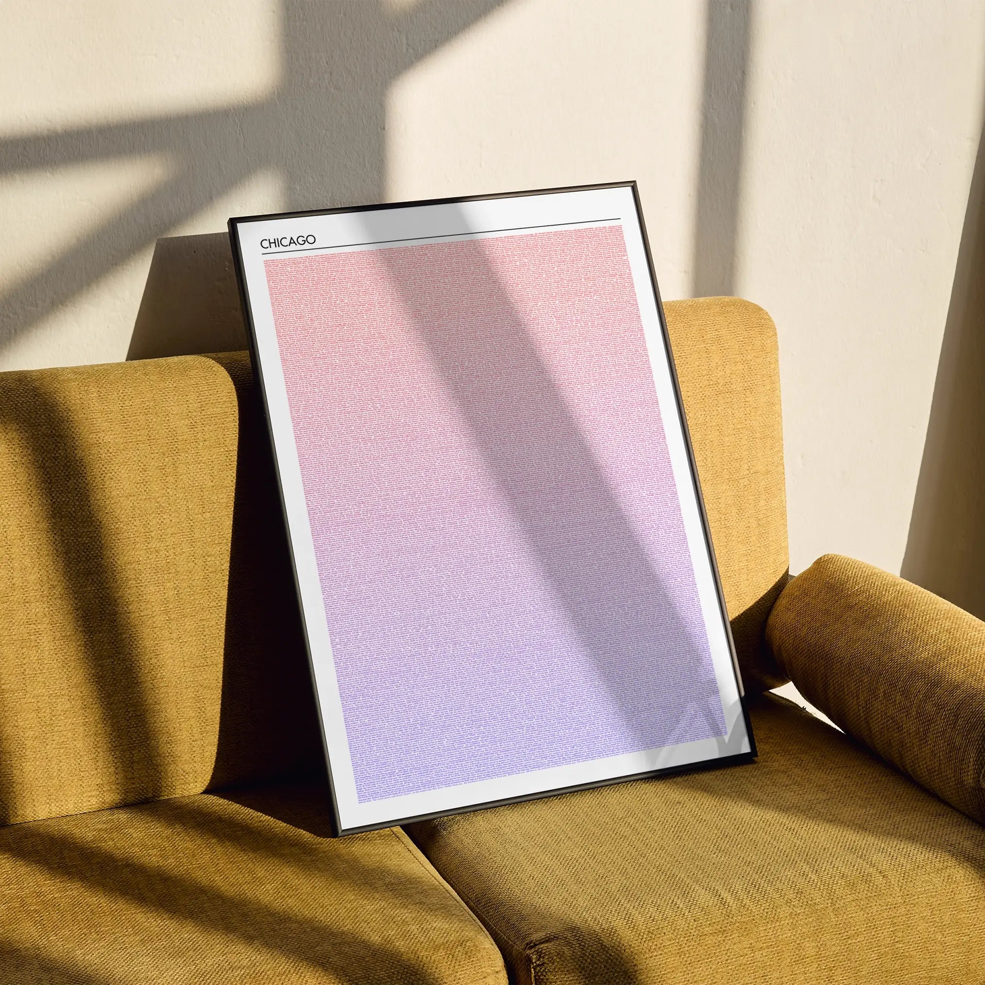 A framed Chicago movie script poster styled in a clean interior setting.